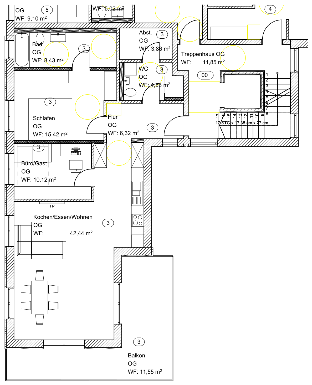 Grundriss Wohnung 3: 3-Zimmer-Wohnung mit großem Balkon, 102 m² im Obergeschoss