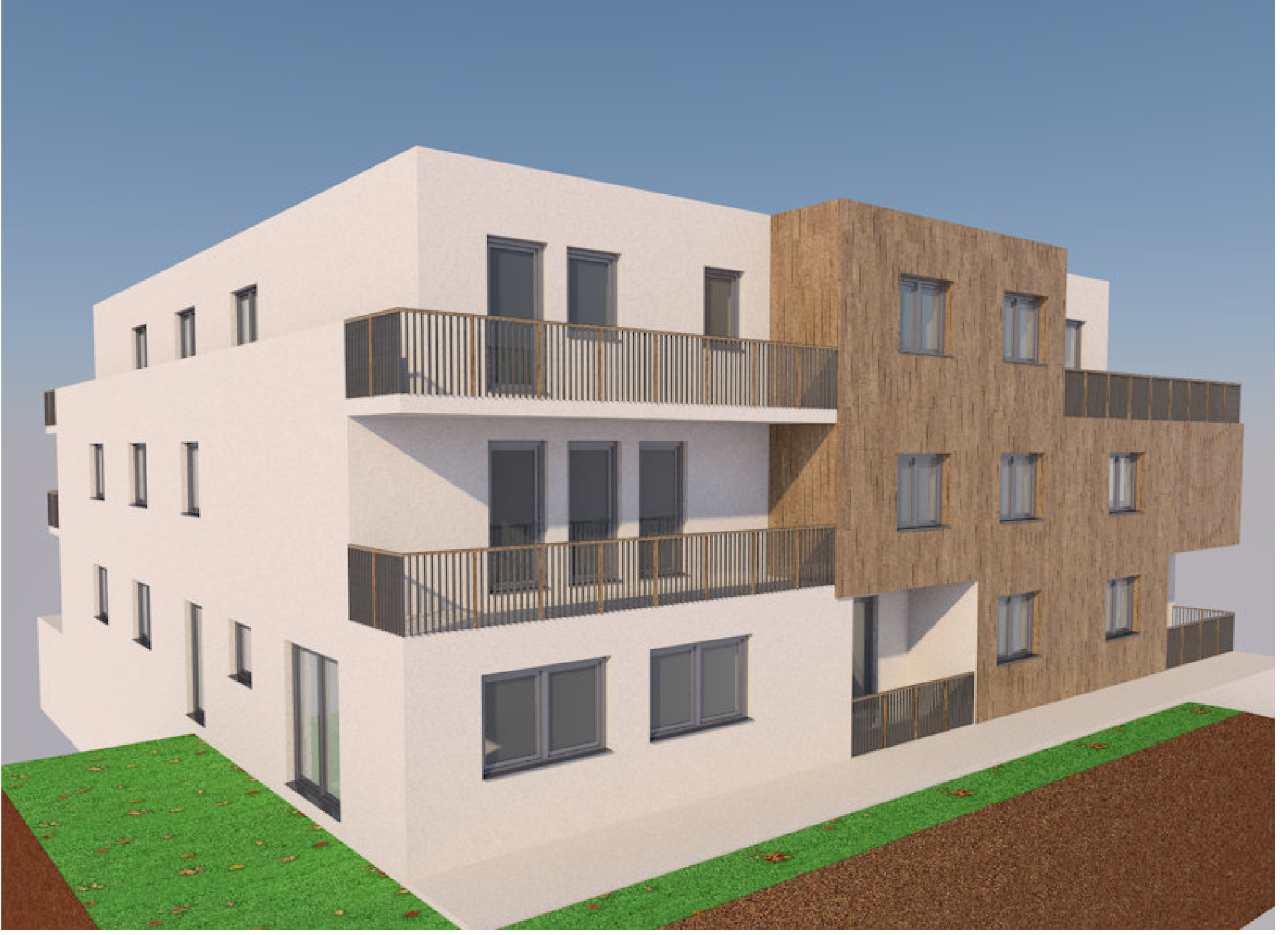 Außenansicht des Mehrgenerationenhauses von der Gartenseite mit weißer Putz- und Holzfassade, Balkonen und Rasenfläche