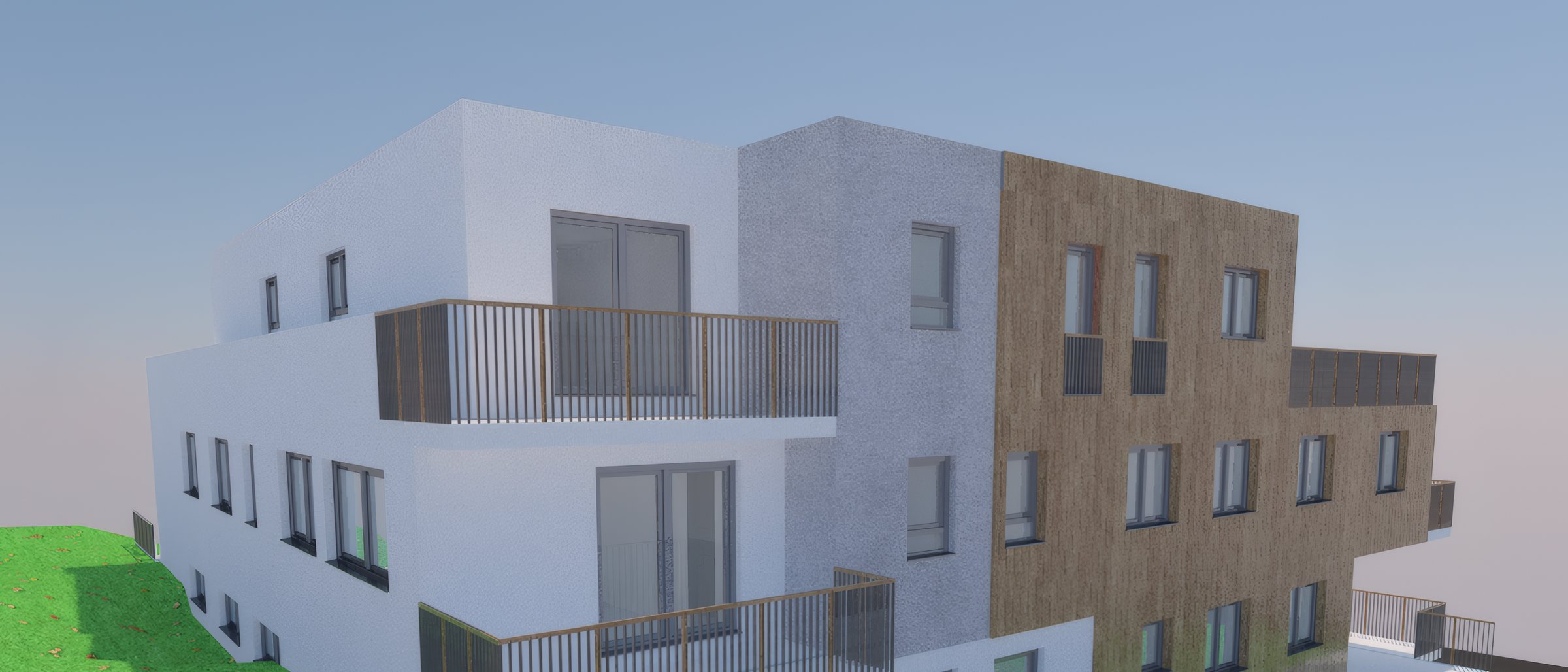 Visualisierung des Mehrgenerationenhauses Wilhelmshöhe 2: dreigeschossiger Neubau mit heller Putz- und Lärchenholzfassade, Balkonen und Garten