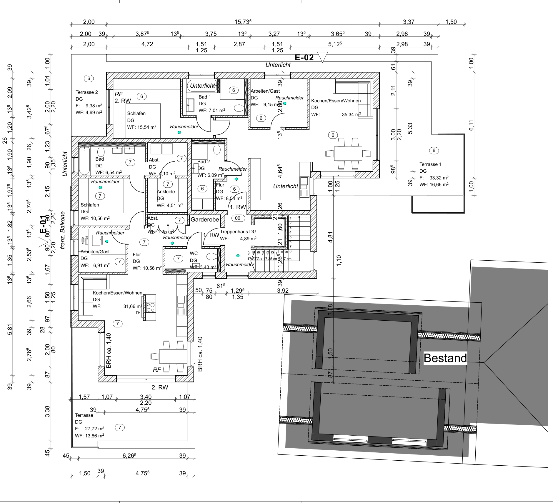Geschossplan Dachgeschoss mit den Wohnungen 6 und 7 und Dachterrassen