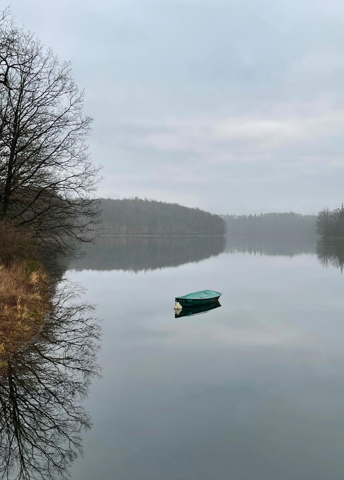 Ruderboot auf einer spiegelglatten Talsperre an einem nebligen Morgen
