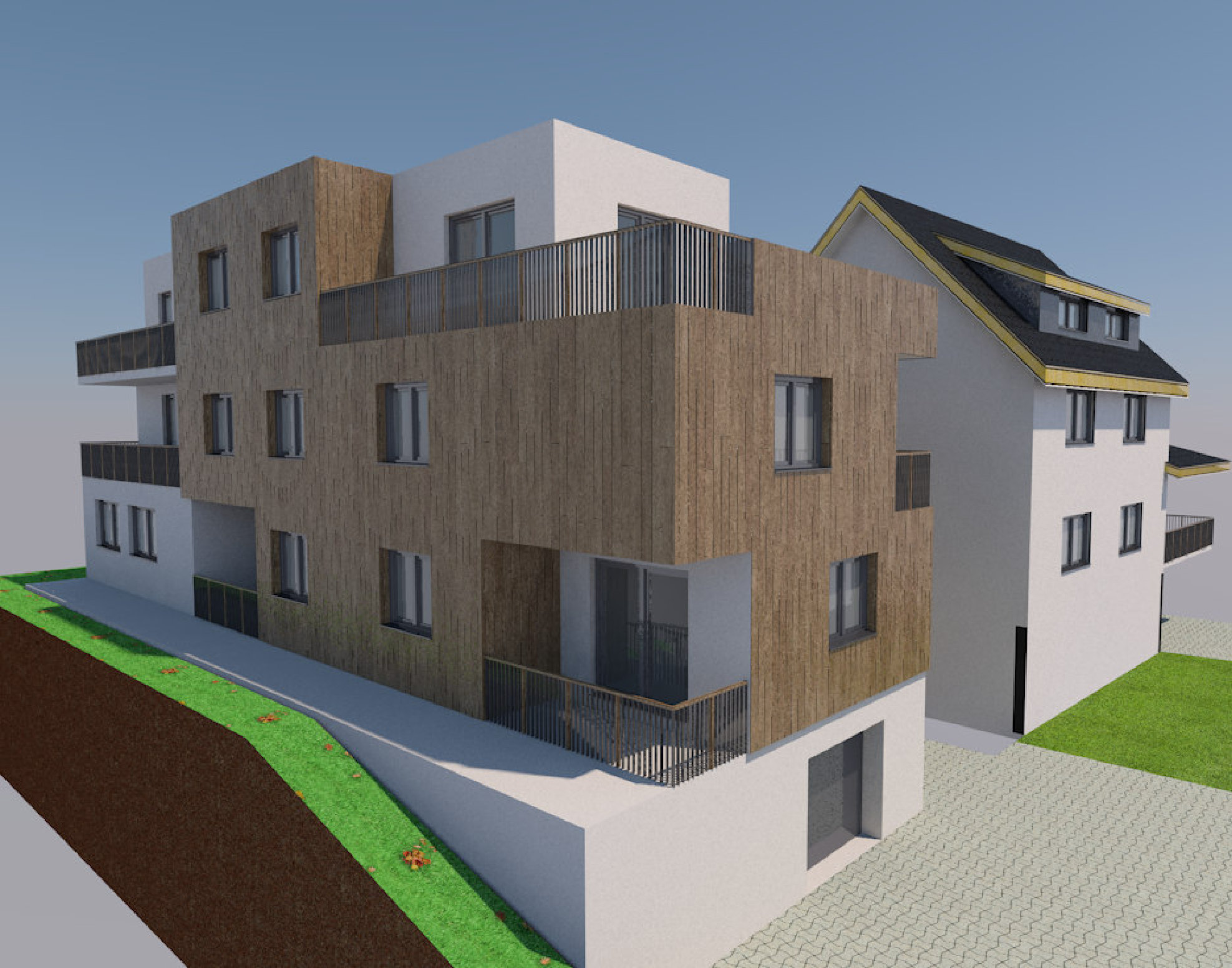 Seitliche Außenansicht mit durchgehender Holzfassade, Dachterrasse und mehreren Balkonen