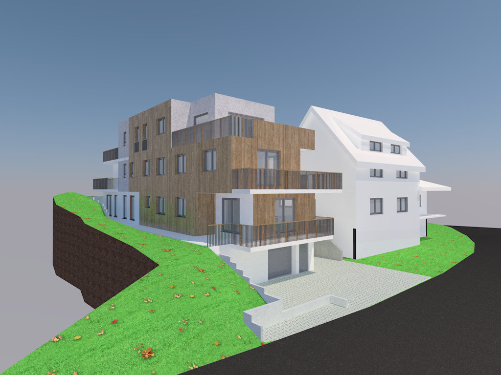 Visualisierung der Straßenecke: Neubau mit Holzfassade, umlaufenden Balkonen und Zufahrt zur Tiefgarage